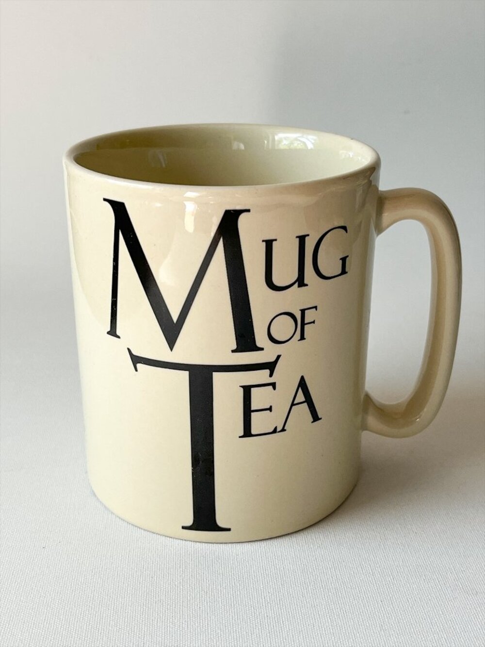 The Old Pottery Company Oversized 24oz Mug of Tea Black Letters Beige Ceramic